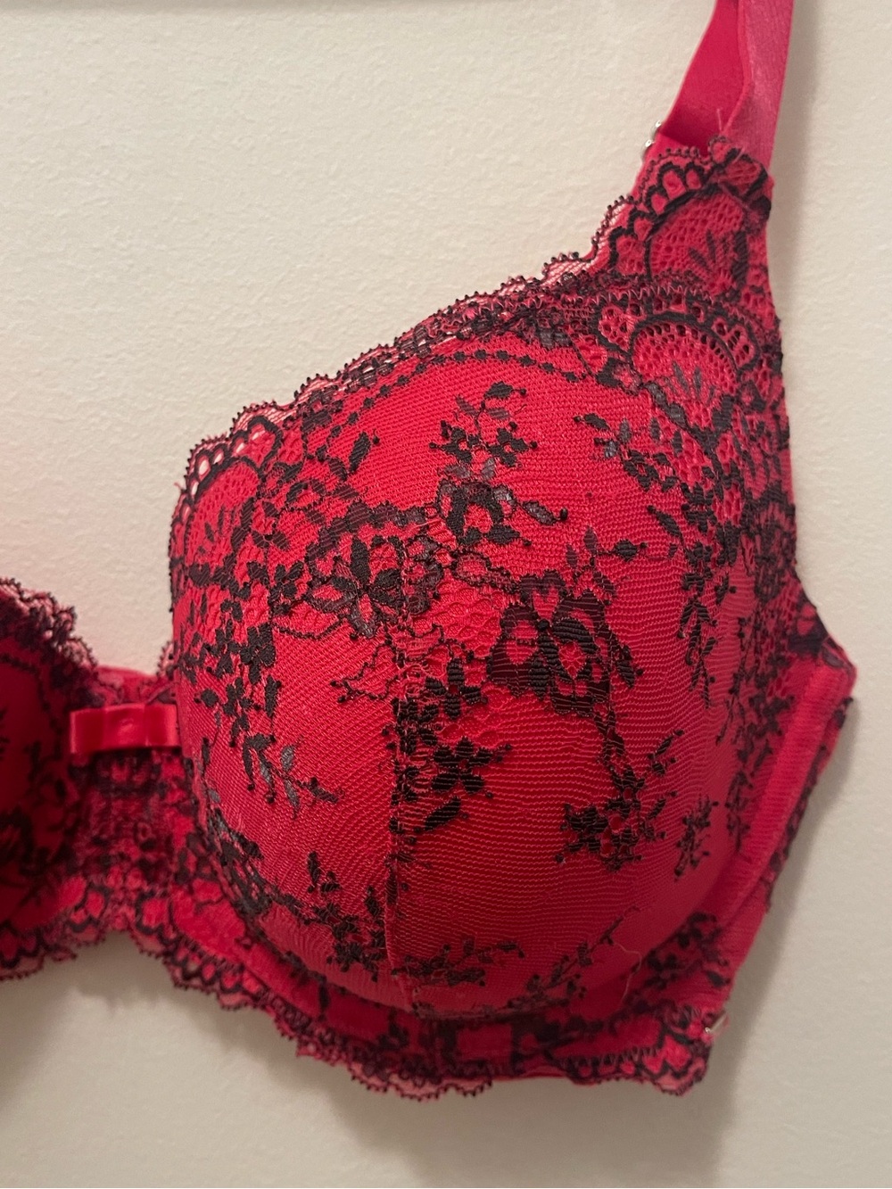 La Vie En Rose Red Bra with Black Lace Overlay